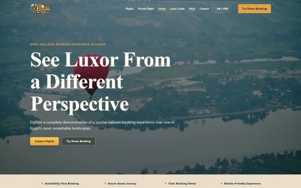 Luxor Sky Balloons demonstration booking website shown on desktop