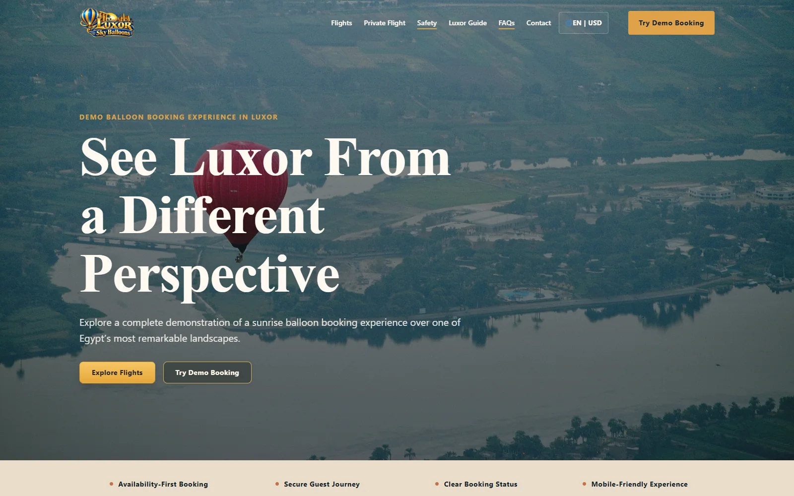Luxor Sky Balloons demonstration booking website shown on desktop